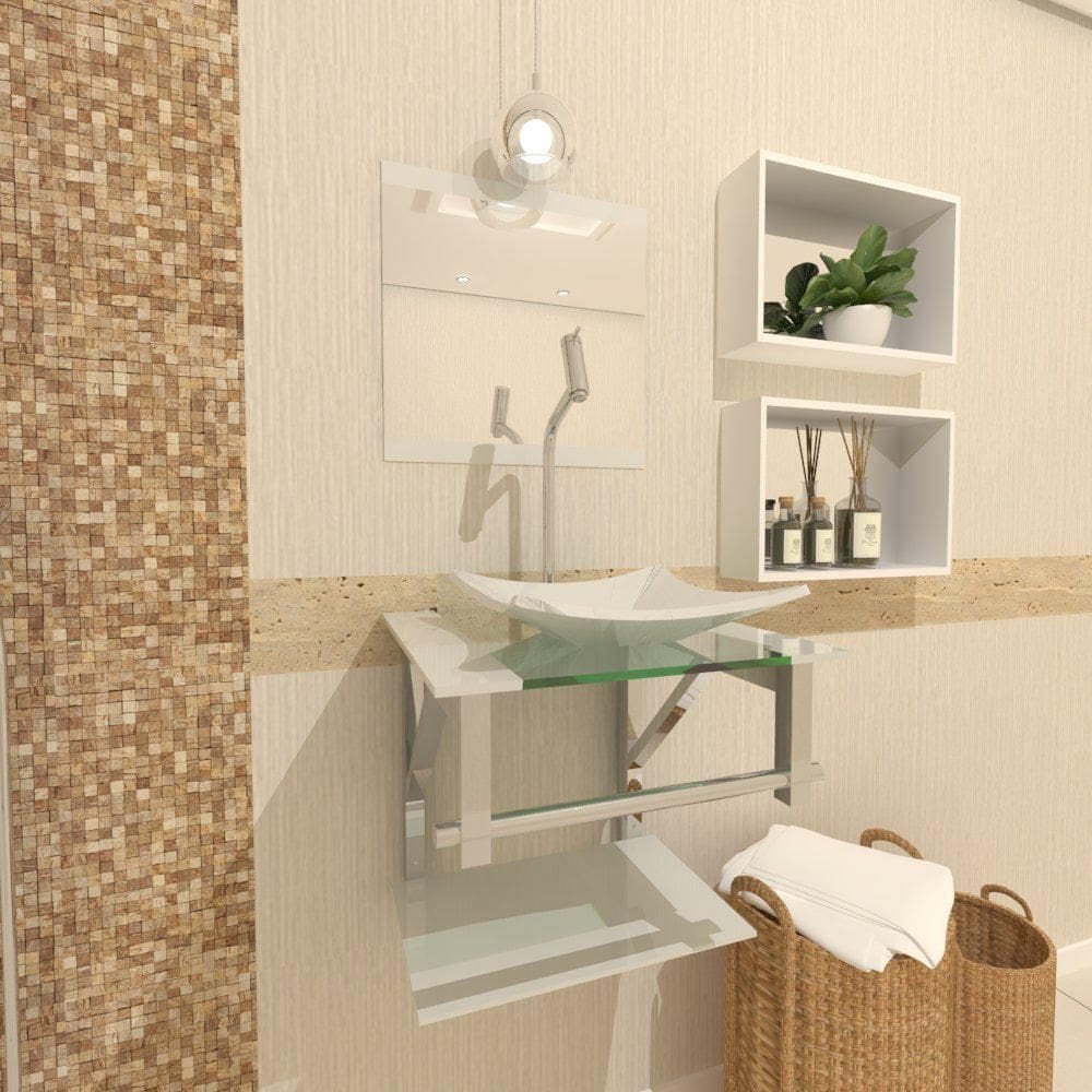 Gabinete Vidro Para Banheiro 40Cm Inox Branco Com Torneira