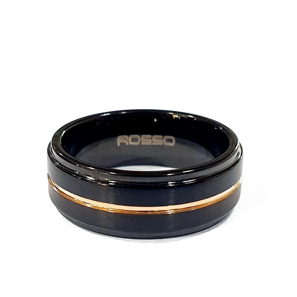 Anel Aço Rosso Aro 26 Centro Friso Rose/ Black E Borda Lisa