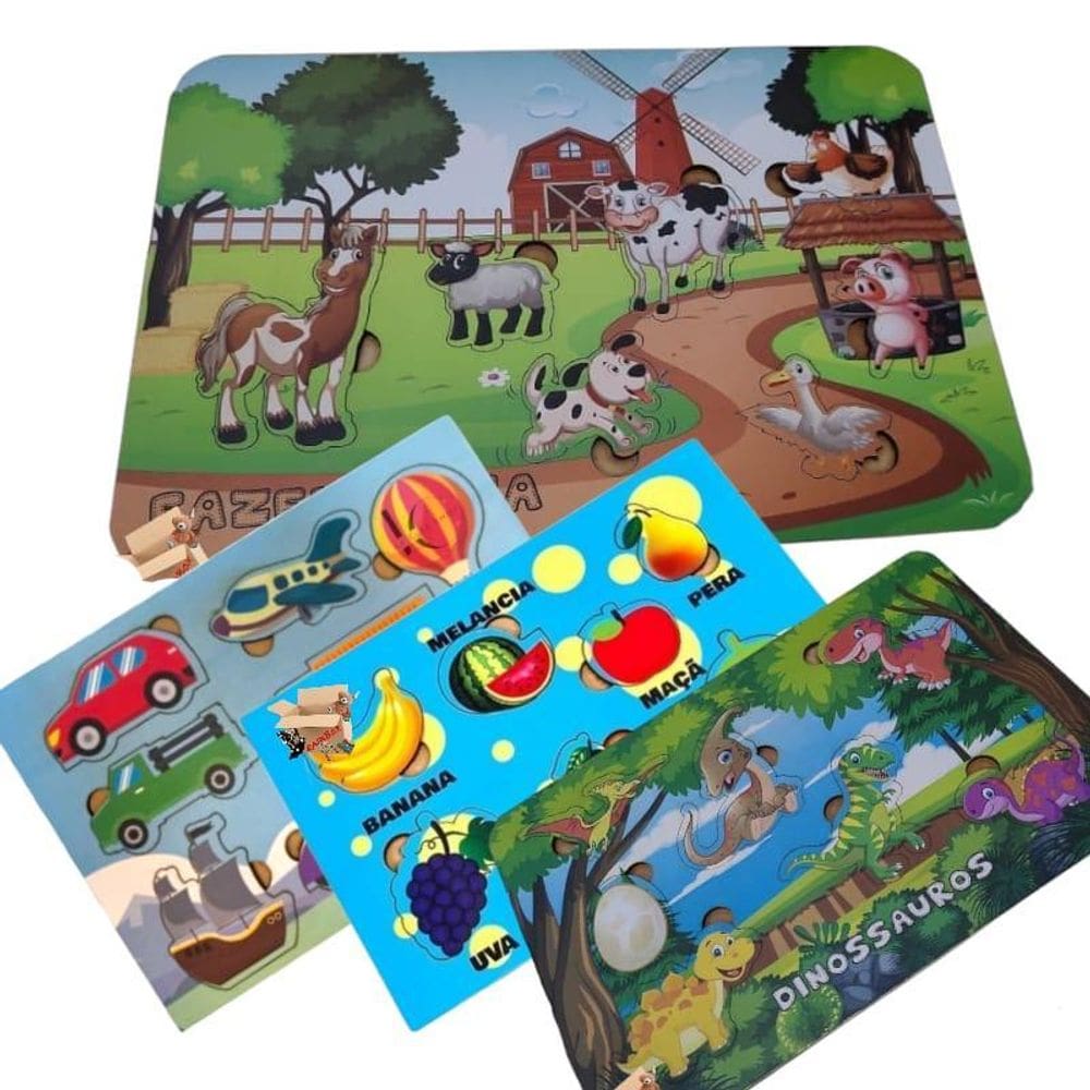 Brinquedo Pedagógico Em Madeira Kit Com 4 Jogos De Encaixe