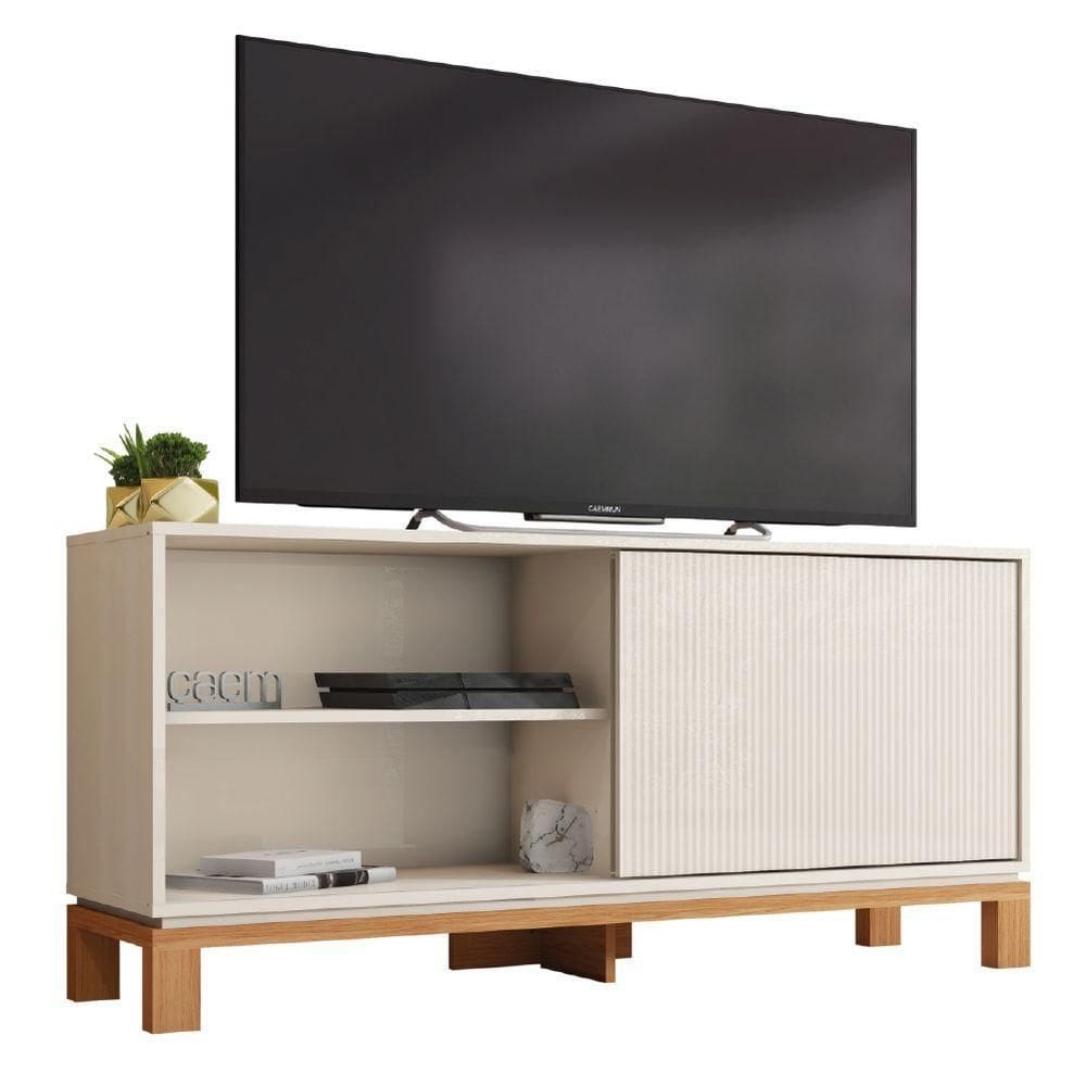 Rack Bancada Para Tv Até 45 Polegadas 1 Porta De Correr Ripada Impressão 3d Turim Madeirado/off White