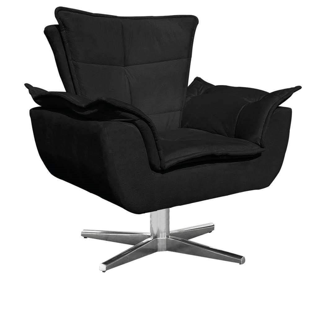 Poltrona Decorativa Sala De Estar Base Giratória Cromada Opla Suede Preto - Ibiza