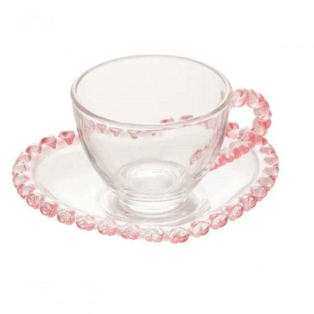 Xicara De Cafe Cristal Coração Borda Rosa 80ml E Pires Lyor