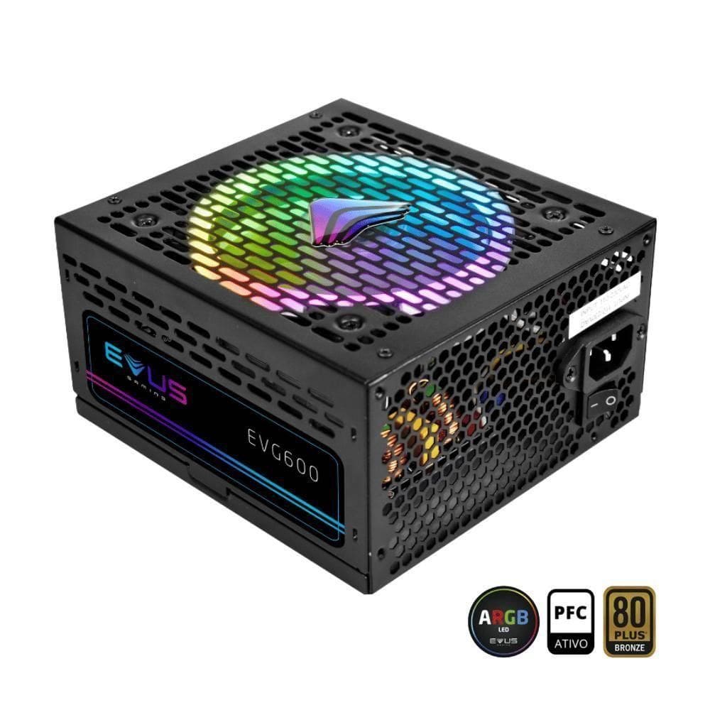 Fonte Gamer Evus Evg600 Argb 600w Selo 80 Plus Bronze