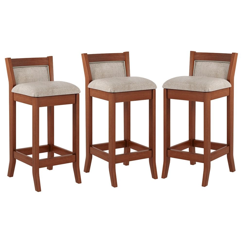 Kit 3 Banquetas Média Estofada Lucca 36x83Cm Bar Balcão Madeira Maciça Linho Bege M58