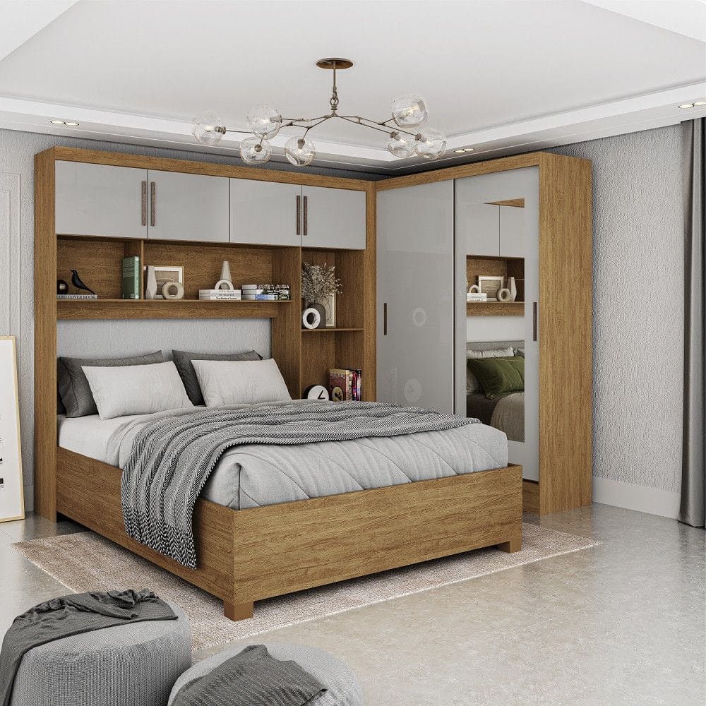 Quarto Modulado Casal com Espelho e Cama 6 Portas Belém Carioca Móveis