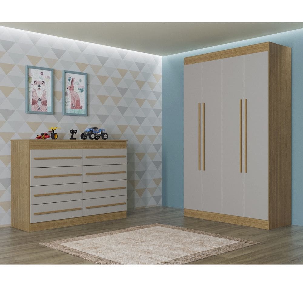 Quarto Infantil Guarda Roupa 4 Portas e Comoda 8 Gavetas Nina Poquema