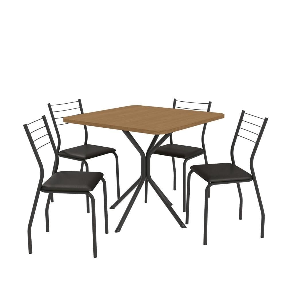 Conjunto Sala de Jantar 4 Cadeiras Mesa Tampo de Madeira Kappesberg Crome Preto Fosco/Canela