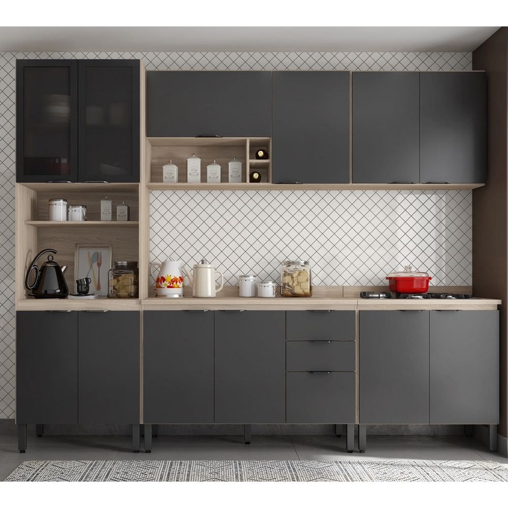 Jogo de Cozinha Firenze Modulada 6 peças e Nicho Adega - Avena Touch/ Grafito Demóbile