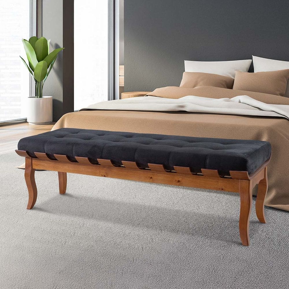 Banco Recamier 160cm Madeira Maciça Imbuia Suede Preto L14 RMI