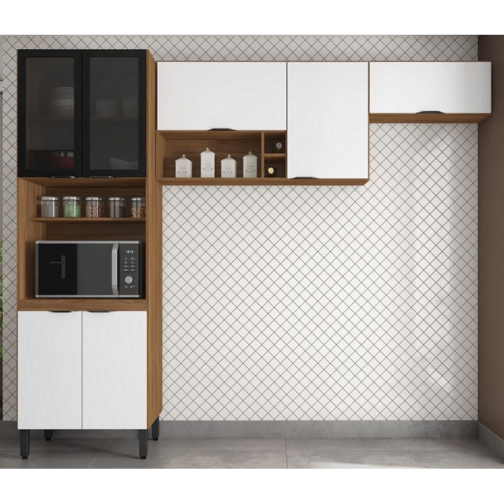 Cozinha Modulada 3 Peças Firenze com Paneleiro e 2 Aéreos - Amêndola Touch/ Branco Demóbile
