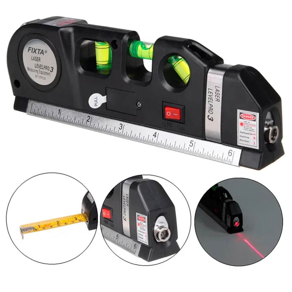 Nível Trena a Laser Digital 3 em 1 com Projeção Vertical, Horizontal e Cruzada + Trena de 2,5m, Régua em CM/Pol, com Baterias Inclusas