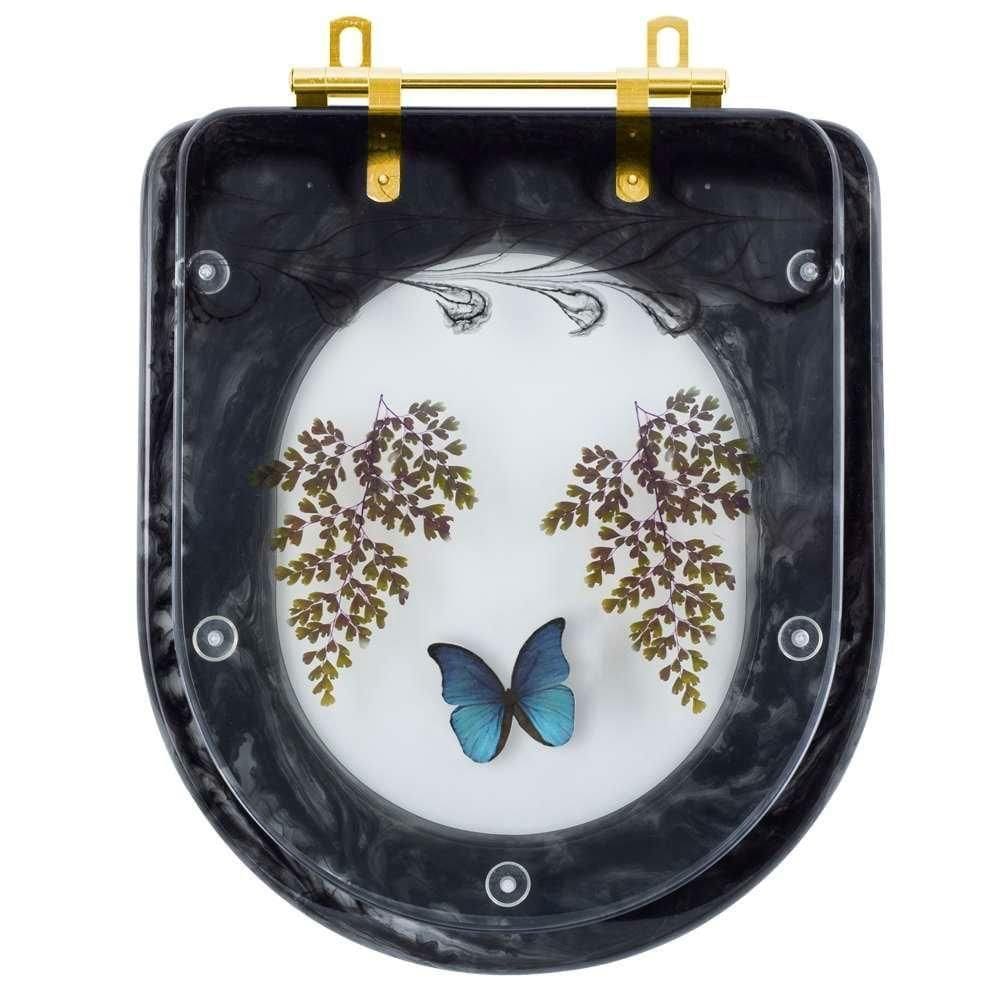Assento Sanitario Poliester Decorado Borboleta Azul Carrara Preto Com Ferragem Dourada