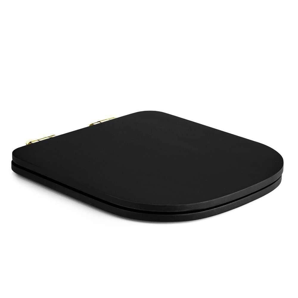 Assento Poliester Soft Close Piano Preto Fosco Para Vaso Deca Com Ferragem Dourada
