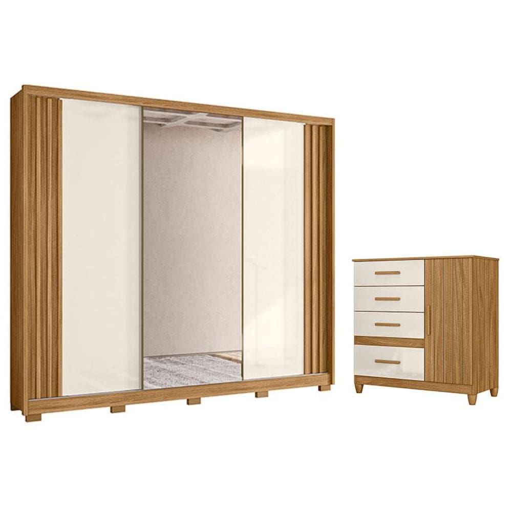 Guarda Roupa Casal Arizona e Cômoda Vênus Freijó Off White com Pés - Moval