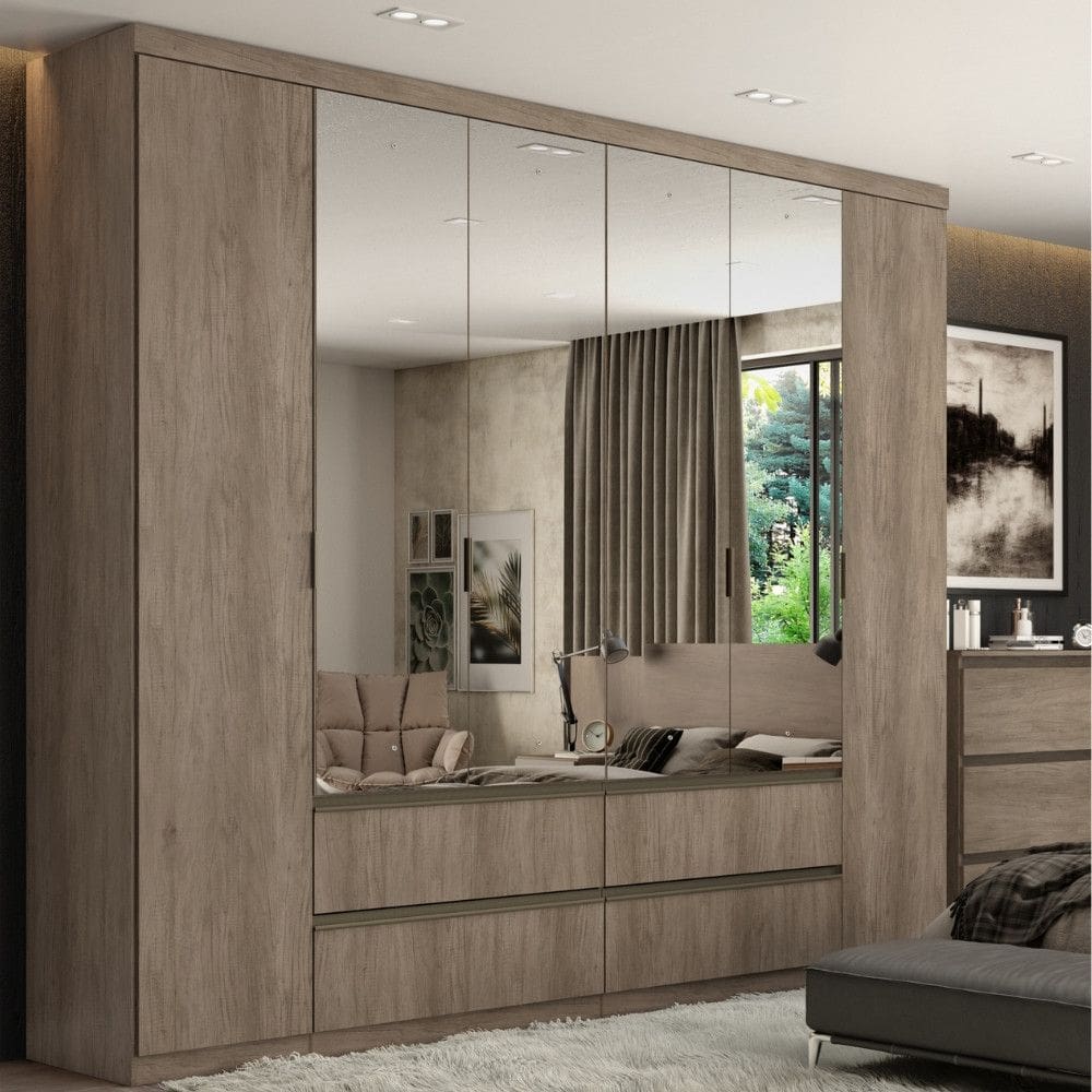 Guarda Roupa Casal Com 4 Espelhos 6 Portas 4 Gavetas em MDF Nobre Full Glass THB