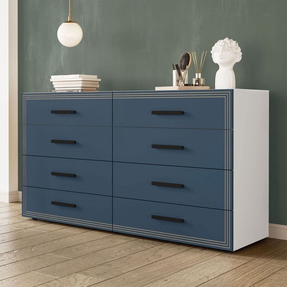 Cômoda Valência 8 Gavetas Branco/Azul - Politorno