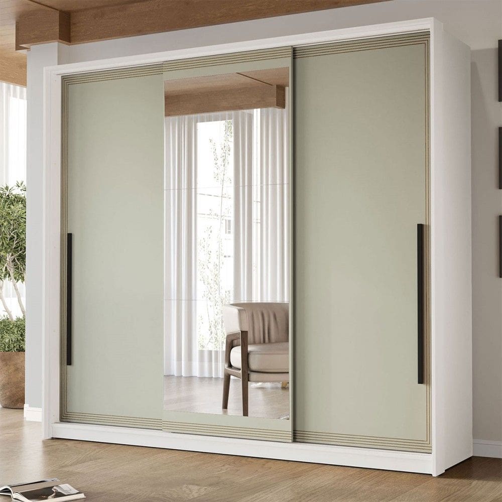 Guarda-Roupa Casal Valência 3 Portas 4 Gavetas com Espelho Branco/Verde - Politorno