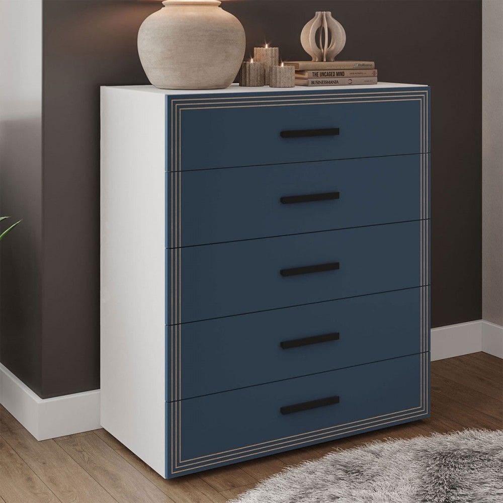 Cômoda Valência 5 Gavetas Branco/Azul - Politorno