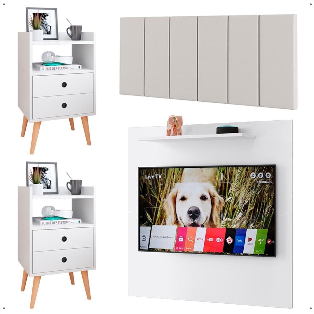 Kit 2 Mesinhas Apoio Branco Painel Tv 32 Polegadas Prateleira Suspensa Cabeceira Cama Box Queen Size 1,60 Corino - Lojas RPM