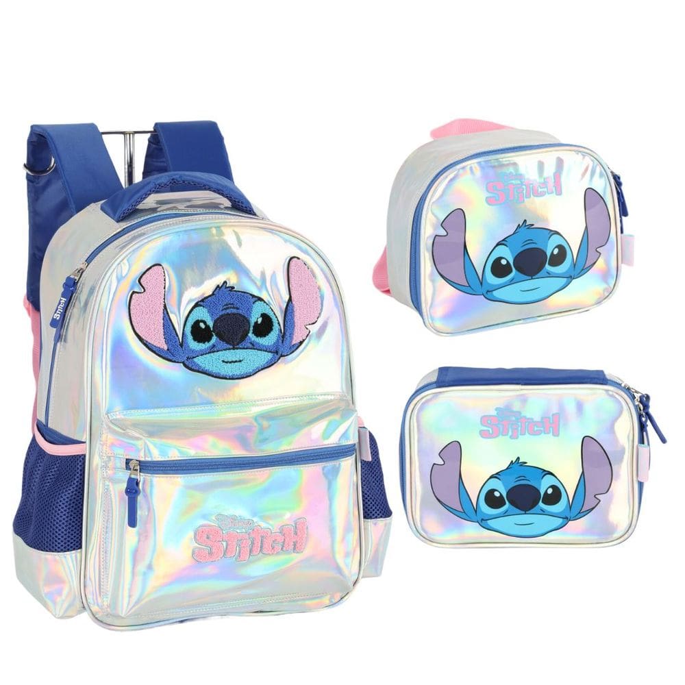 Kit Mochila Lancheira Estojo Box Juvenil Holografica Stitch