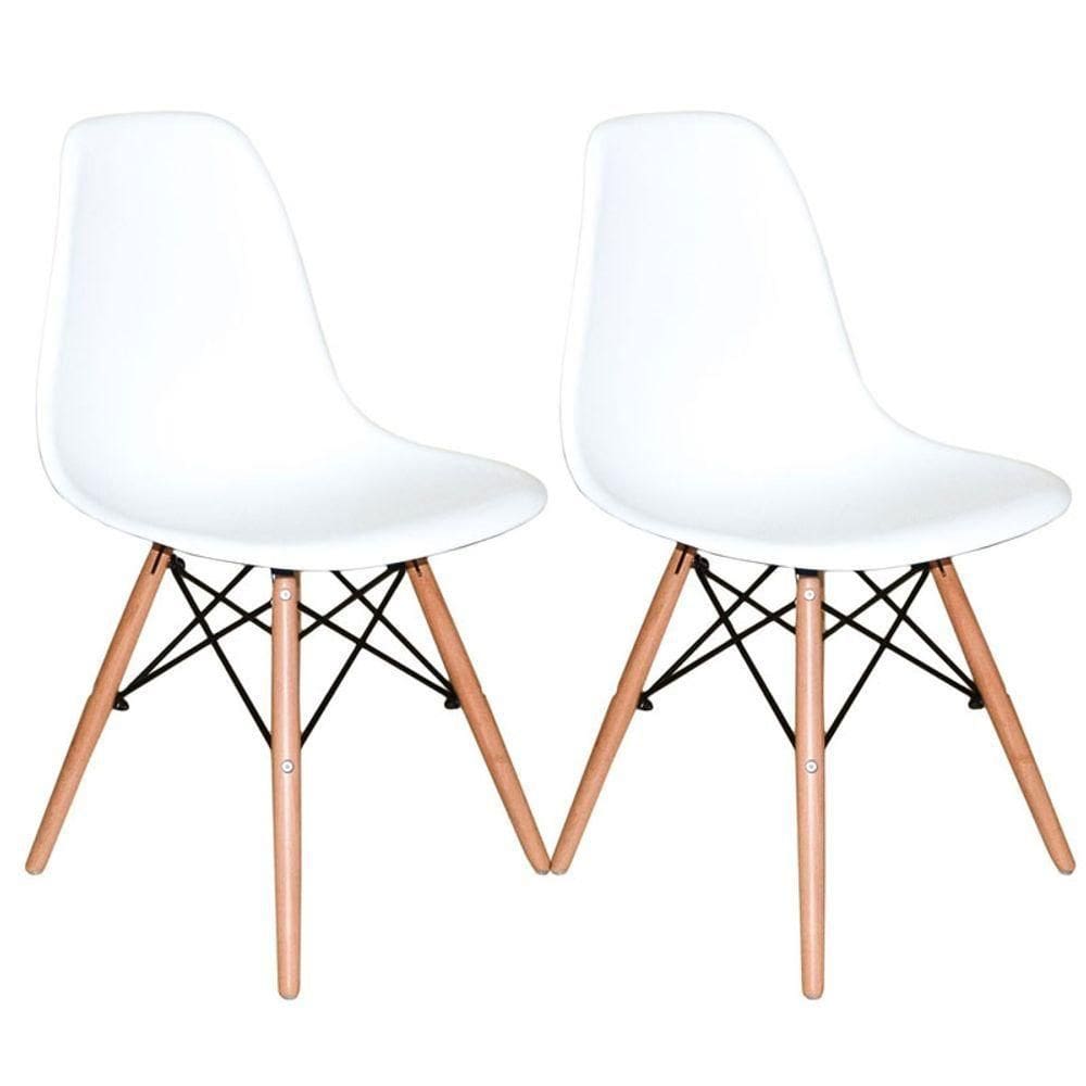 Kit Com 2 Cadeira Charles Eames Eiffel Branca Base Madeira