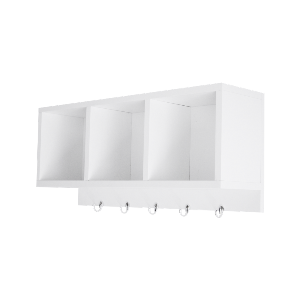 Nicho 3 Divisórias Prateleira com Ganchos Decorativo Porta Chaves Quarto Branco 60x26x15cm