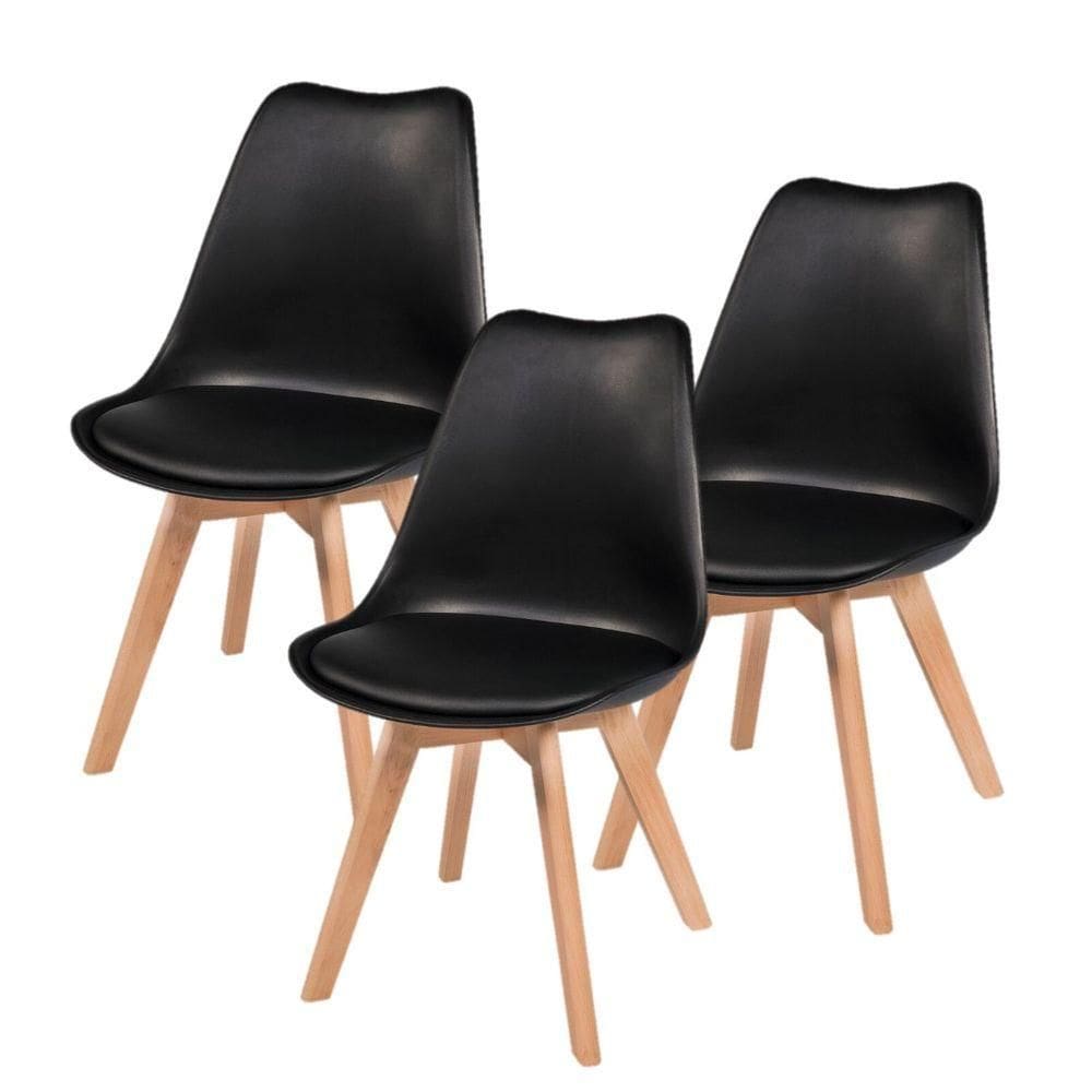 Kit 3 Cadeiras Leda Saarinen Wood Almofada Sala Jantar Cozinha Preta