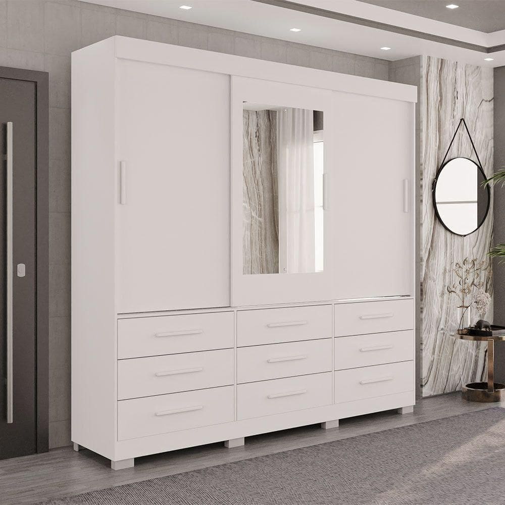 Guarda Roupa New Star 3 Portas 9 Gavetas Com Espelho Salleto Branco