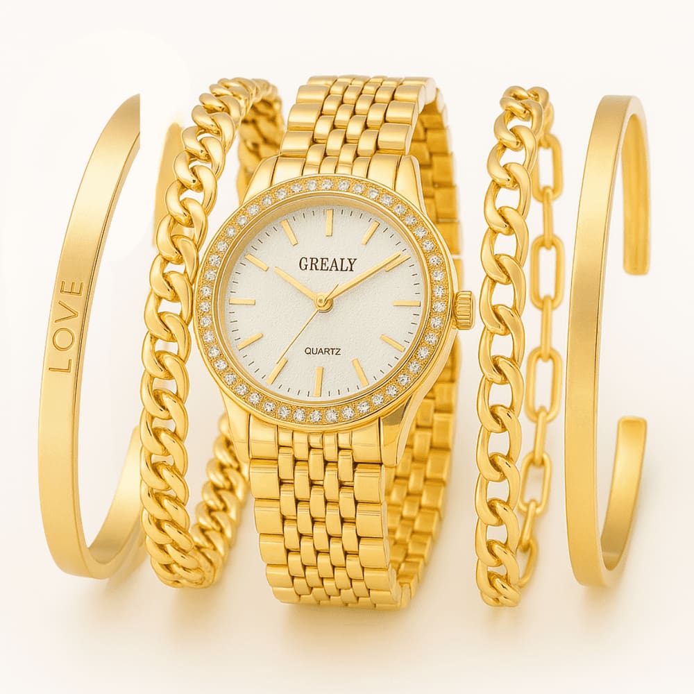 Relógio Feminino Luxo Dourado Strass+ Kit Pulseiras
