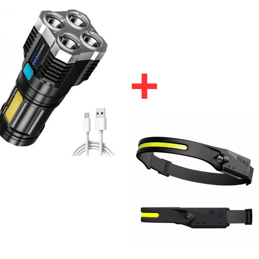 Kit Lanterna Potente Alto Brilho + Lanterna Led de Cabeça Profissional Recarregável