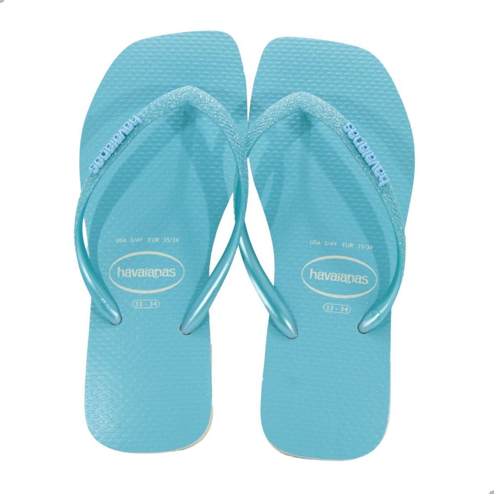 Chinelo Feminino Havaianas Slim Square Glitter Neon Bege Palha Azul