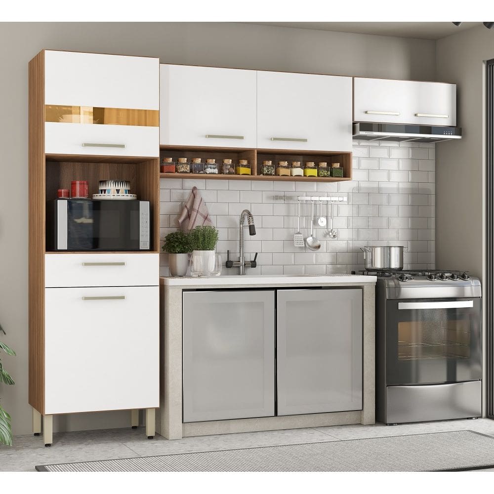 Cozinha Compacta Dama com Paneleiro, Aéreo e Basculante - Amêndola Touch/ Branco Demóbile