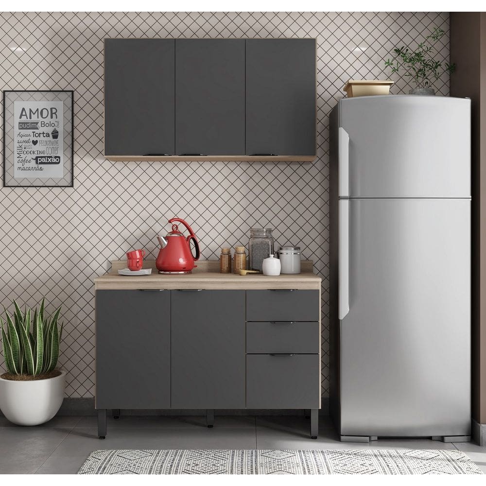 Kit Cozinha Firenze 3 peças Balcão 120m com Tampo MDP E Armário 3 Portas Suspenso - Avena Touch/ Grafito Demóbile