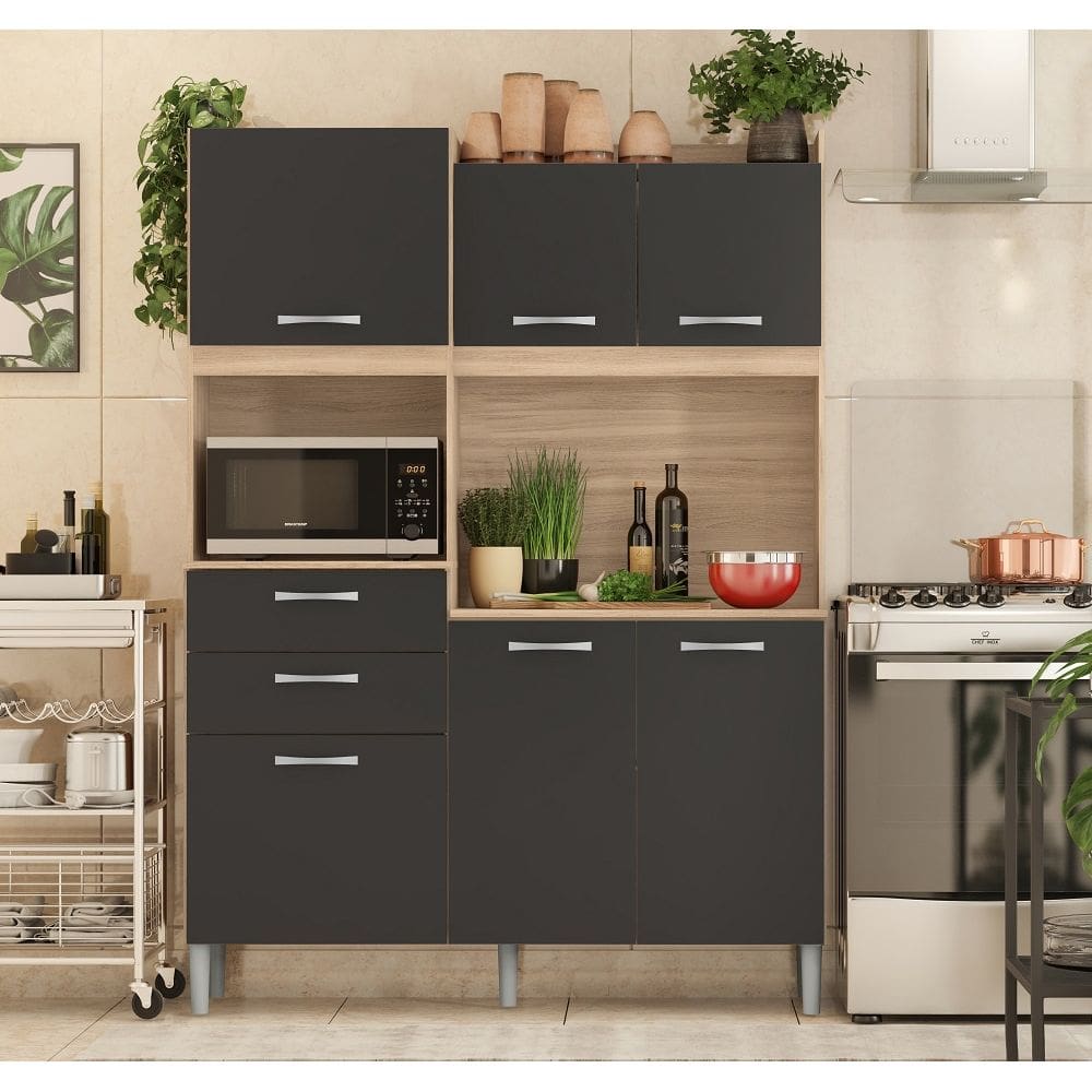 Kit Cozinha Harmonia com Espaço para Microondas 6 Portas 2 Gavetas - Avena Touch/ Grafite Demóbile