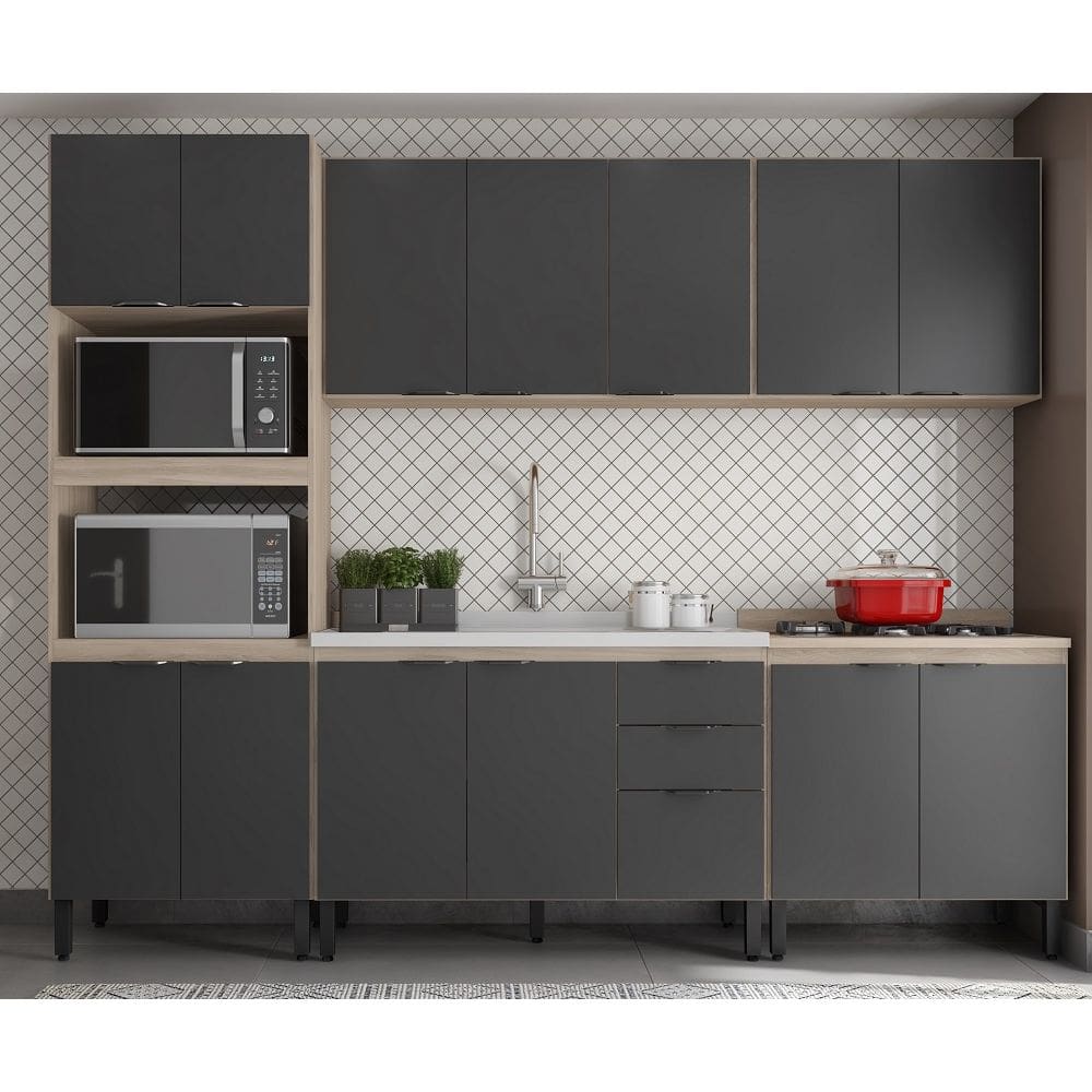 Cozinha Modulada Firenze 270m Com Balcão de Pia 120m sem Tampo/Cuba - Avena Touch/ Grafito Demóbile