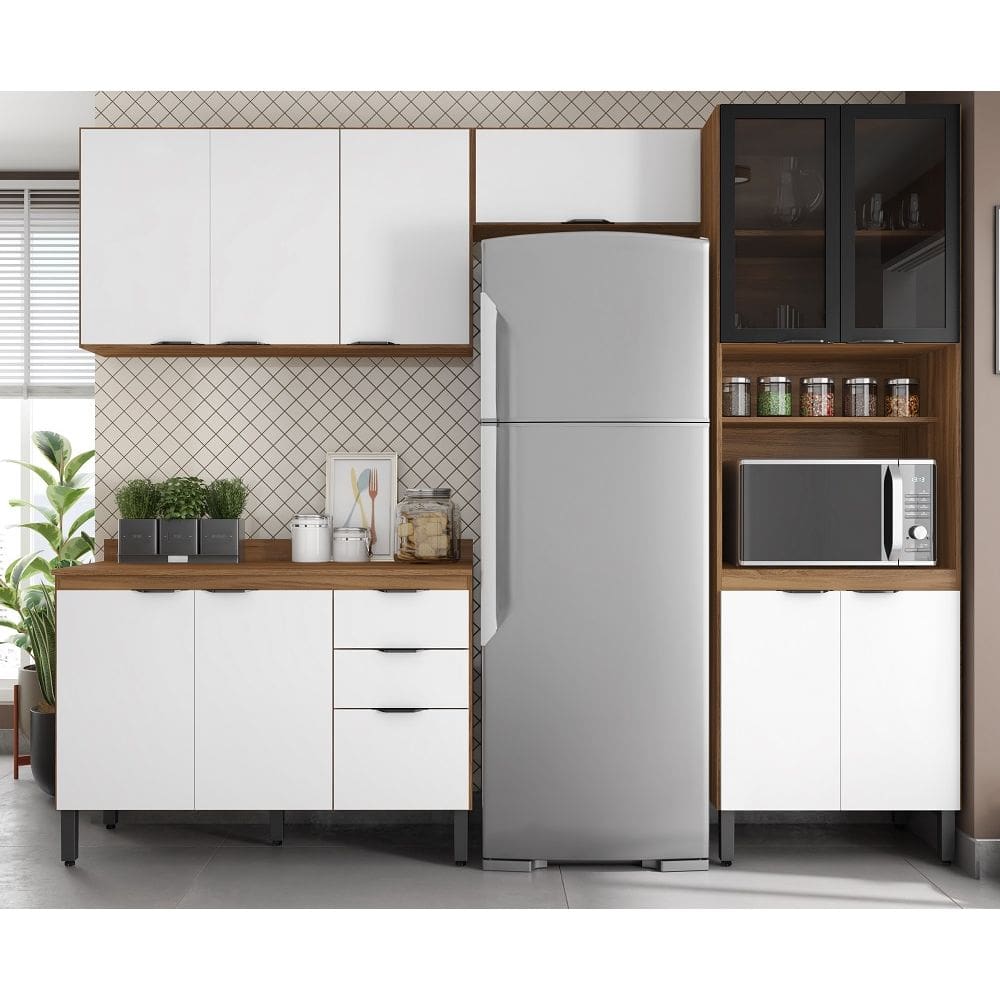 Cozinha Firenze Modulada 5 peças com Paneleira 2 Portas de Vidro fumê - Amêndola Touch/Branco Demóbile