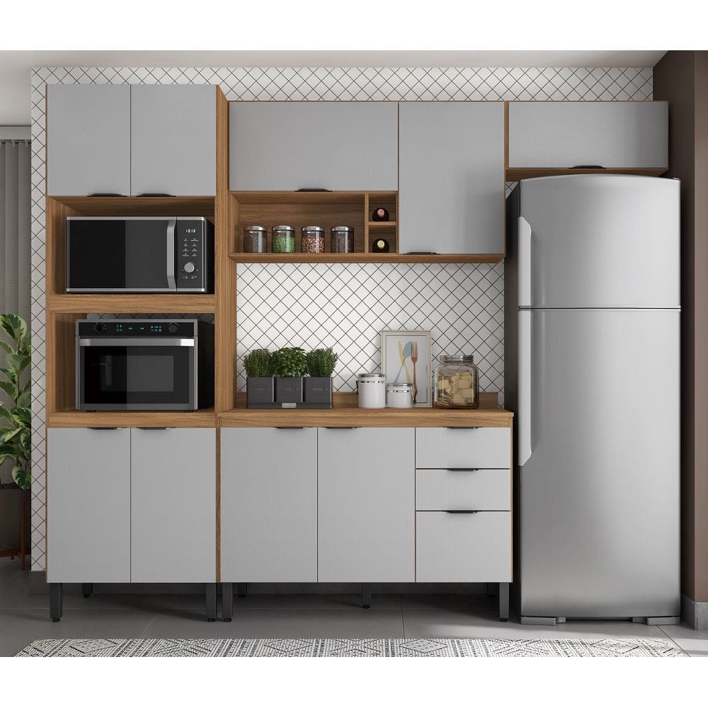 Jogo de Cozinha Modulada Firenze 260m com Nicho P/ Forno e Microondas - Amêndola Touch/ Nude Prime TX Demóbile