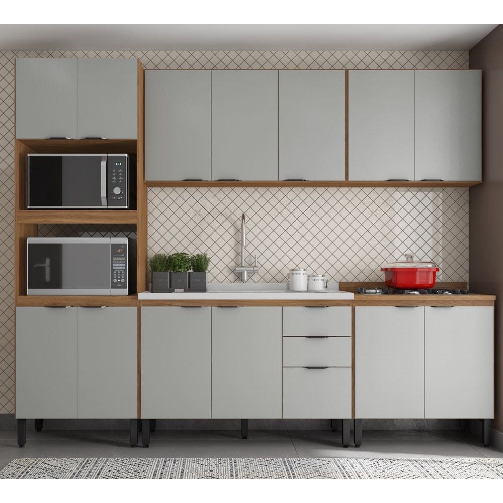 Cozinha Modulada Firenze 270m Com Balcão de Pia 120m sem Tampo/Cuba - Amêndola Touch/ Nude Prime TX Demóbile