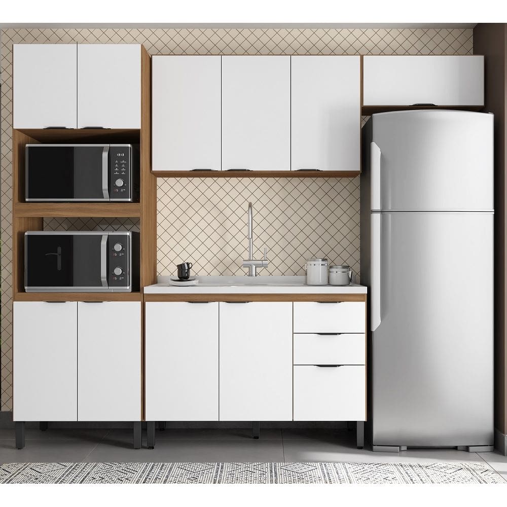 Cozinha Modulada 5 peças com Paneleiro Torre Quente Forno/Microondas Firenze - Amêndola Touch/Branco Demóbile