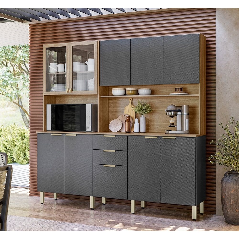 Cozinha Compacta Amora 8 Portas 2 com Vidros Incolor e 2 Gavetas - Amêndola Touch/ Grafito Prime TX Demóbile