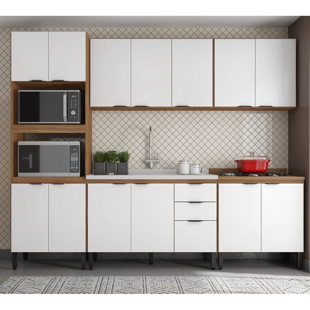 Cozinha Modulada Firenze 270m Com Balcão de Pia 120m sem Tampo/Cuba - Amêndola Touch/Branco Demóbile