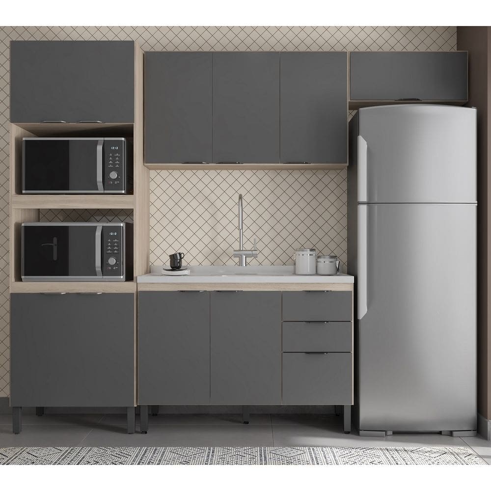 Cozinha Modulada 5 peças com Paneleiro Torre Quente Forno/Microondas Firenze - Avena Touch/ Grafito Demóbile