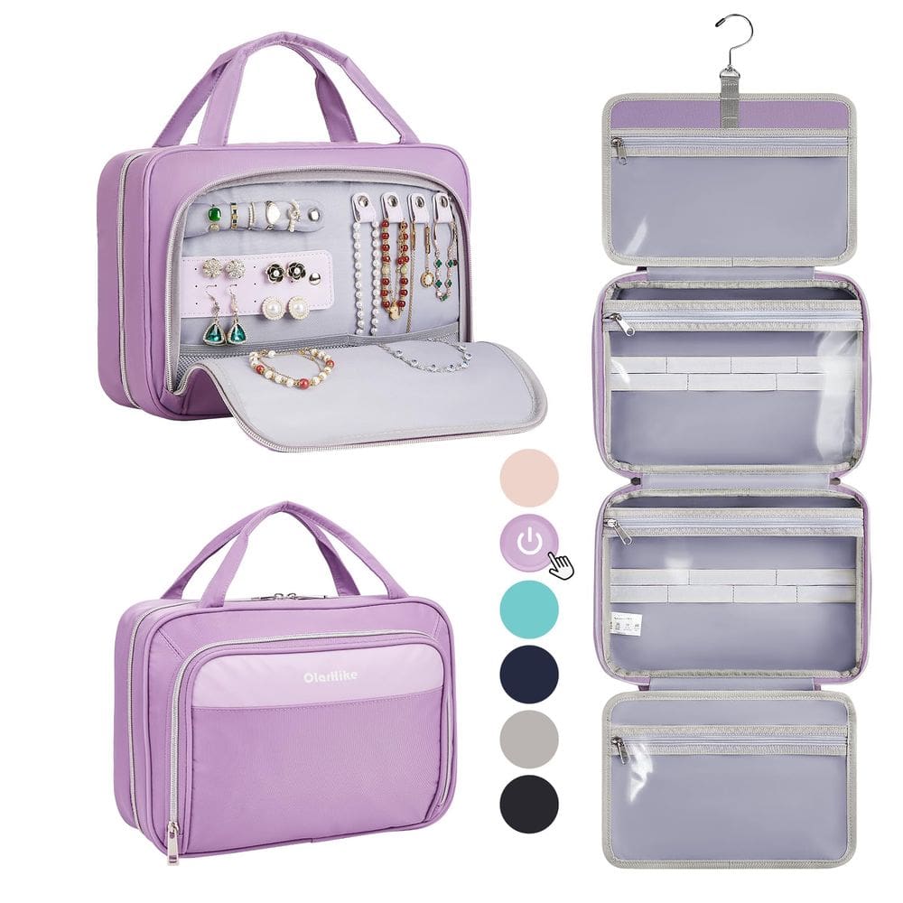 Bolsa de higiene LarHike em couro impermeável pendurada em roxo