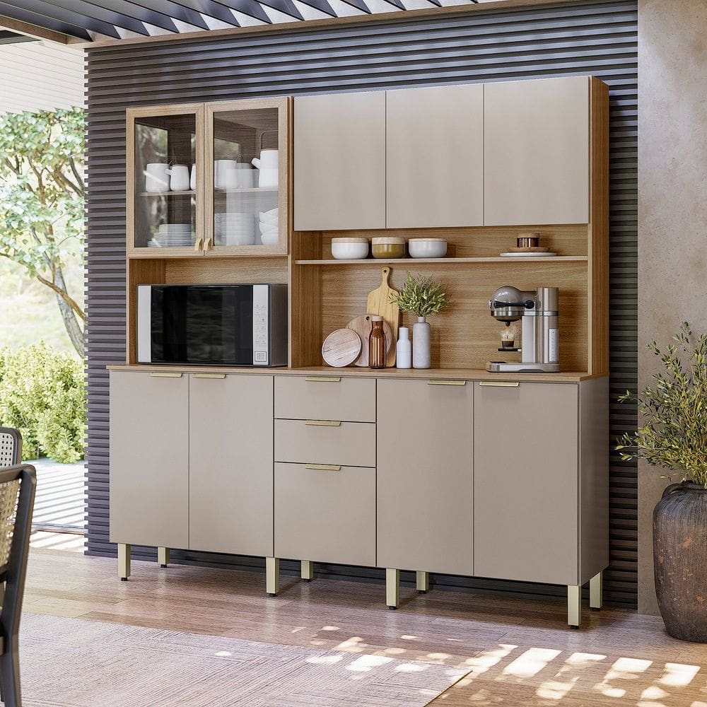 Cozinha Compacta Amora 8 Portas 2 com Vidros Incolor e 2 Gavetas - Amêndola Touch/ Nude Prime TX Demóbile