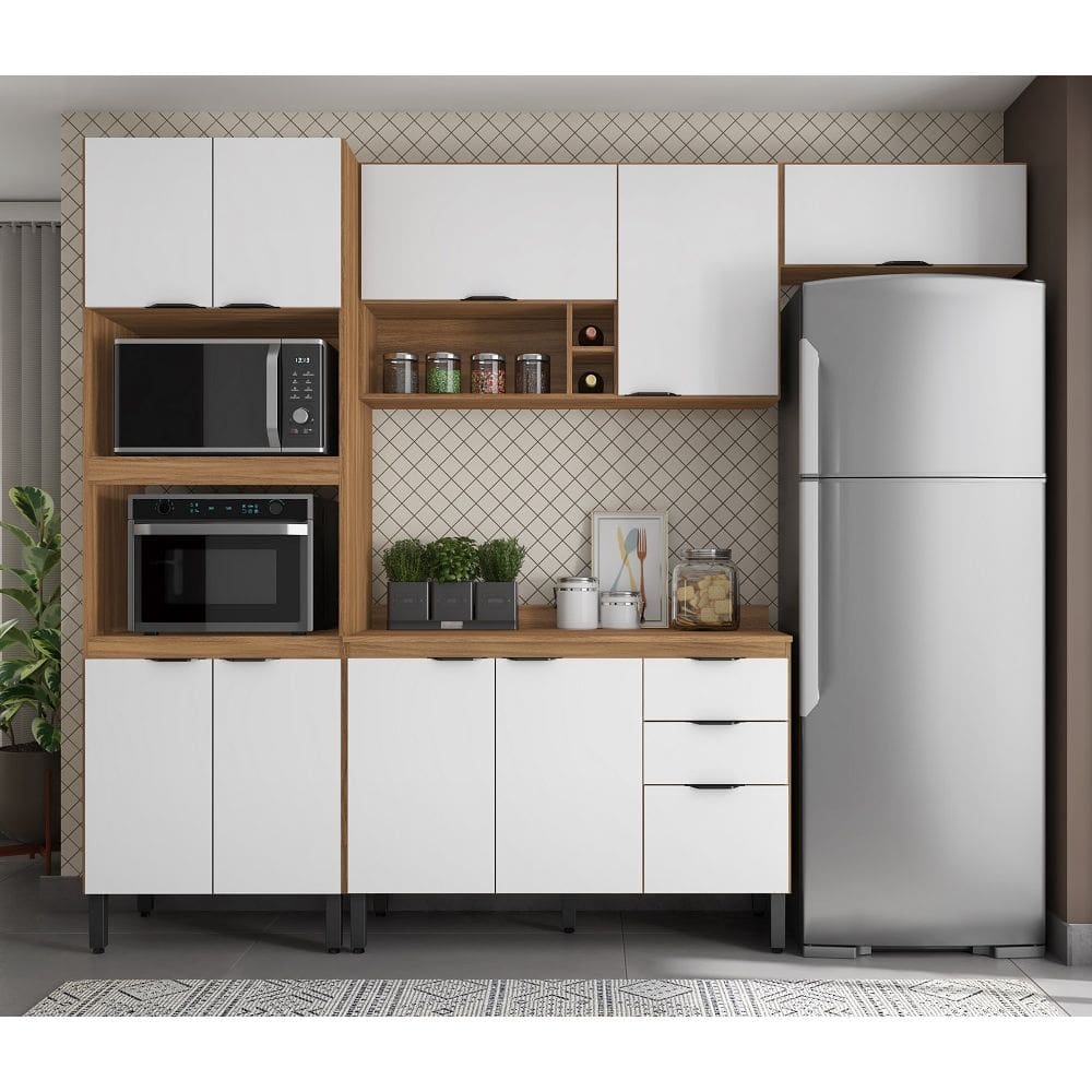 Jogo de Cozinha Modulada Firenze 260m com Nicho P/ Forno e Microondas - Amêndola Touch/Branco Demóbile