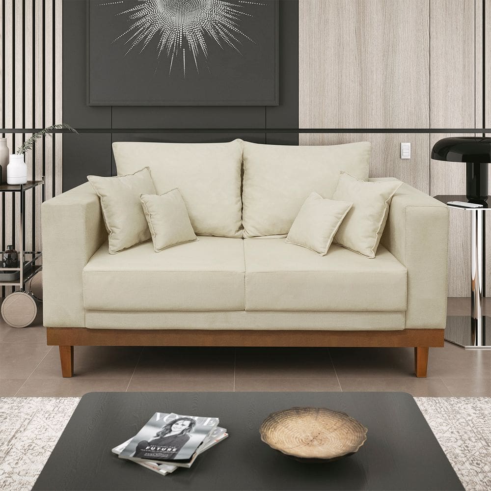 Sofá Living 2 Lugares Suede Resistente Madeira + Almofadas