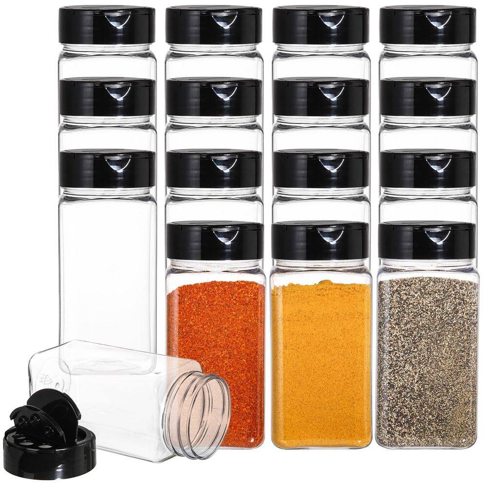 Frascos de especiarias Bekith Plastic 270 ml com tampa, pacote com 16 unidades transparentes de 9 onças