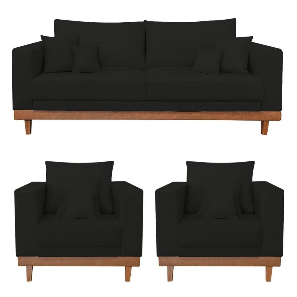 Kit 2 Poltronas Living + Sofá 2 Lugares Base Madeira Suede