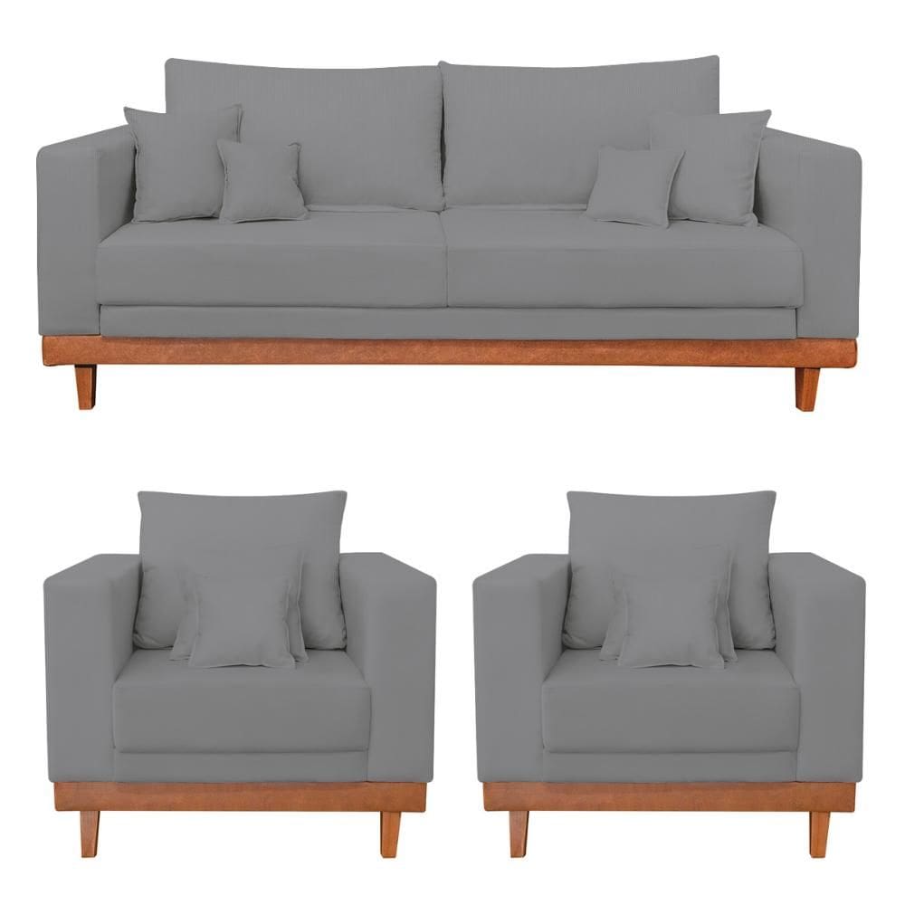 Kit 2 Poltronas Living + Sofá 2 Lugares Base Madeira Linho