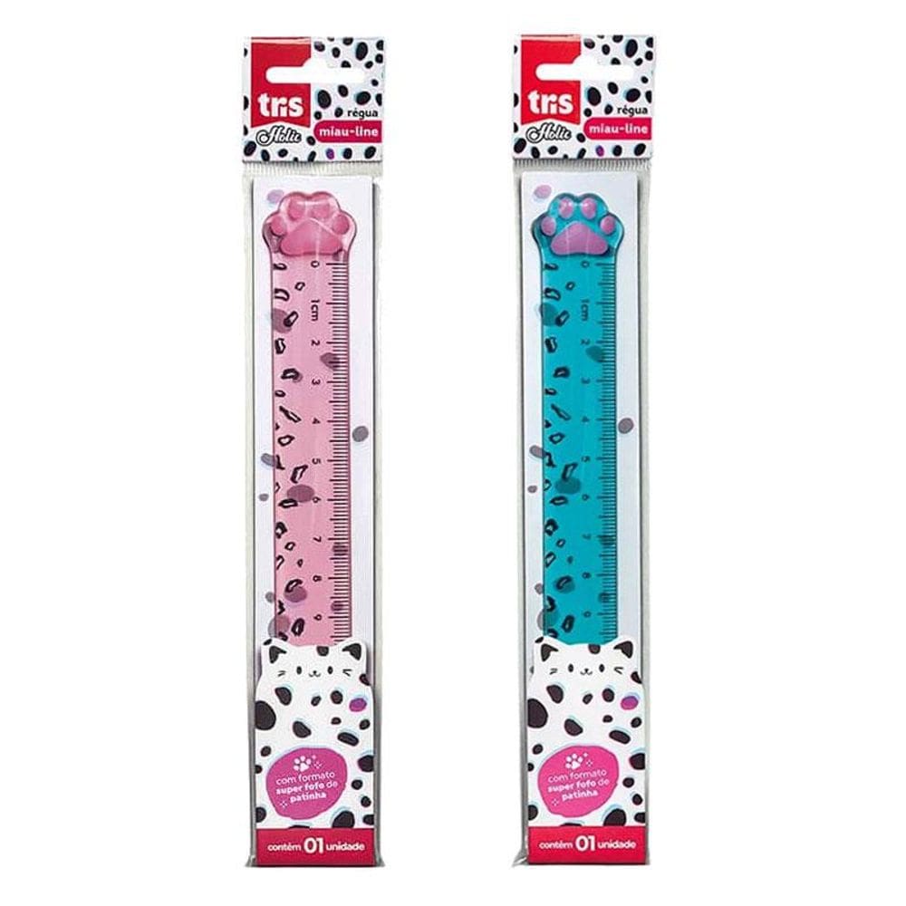 Régua Plástica Miau Line Holic Pets 15cm Rosa e Azul - Tris
